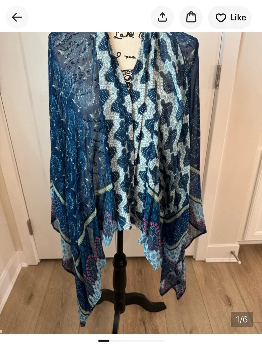 Anthropologie Blue Paisley Print Wrap with Pink Accents one size